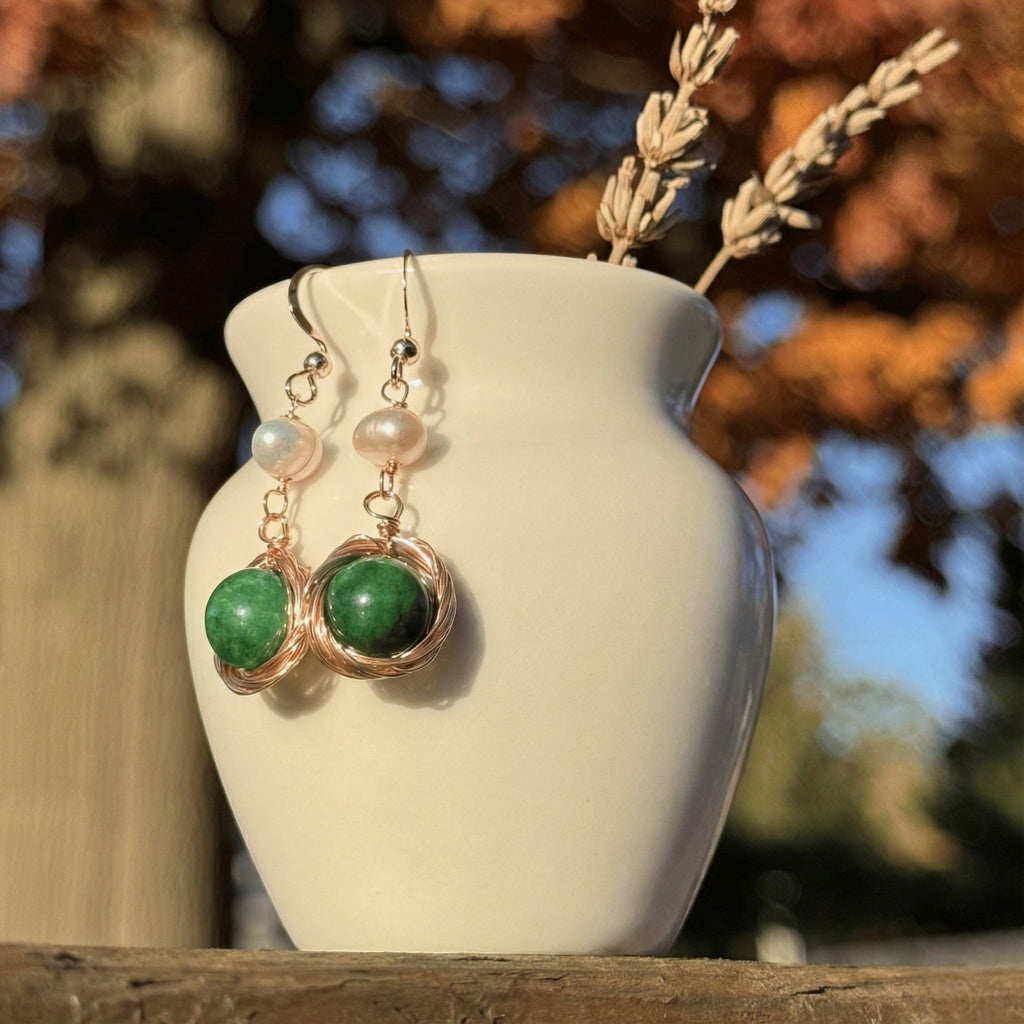 Gold-Wrapped Jade & Pearl Drop Earrings