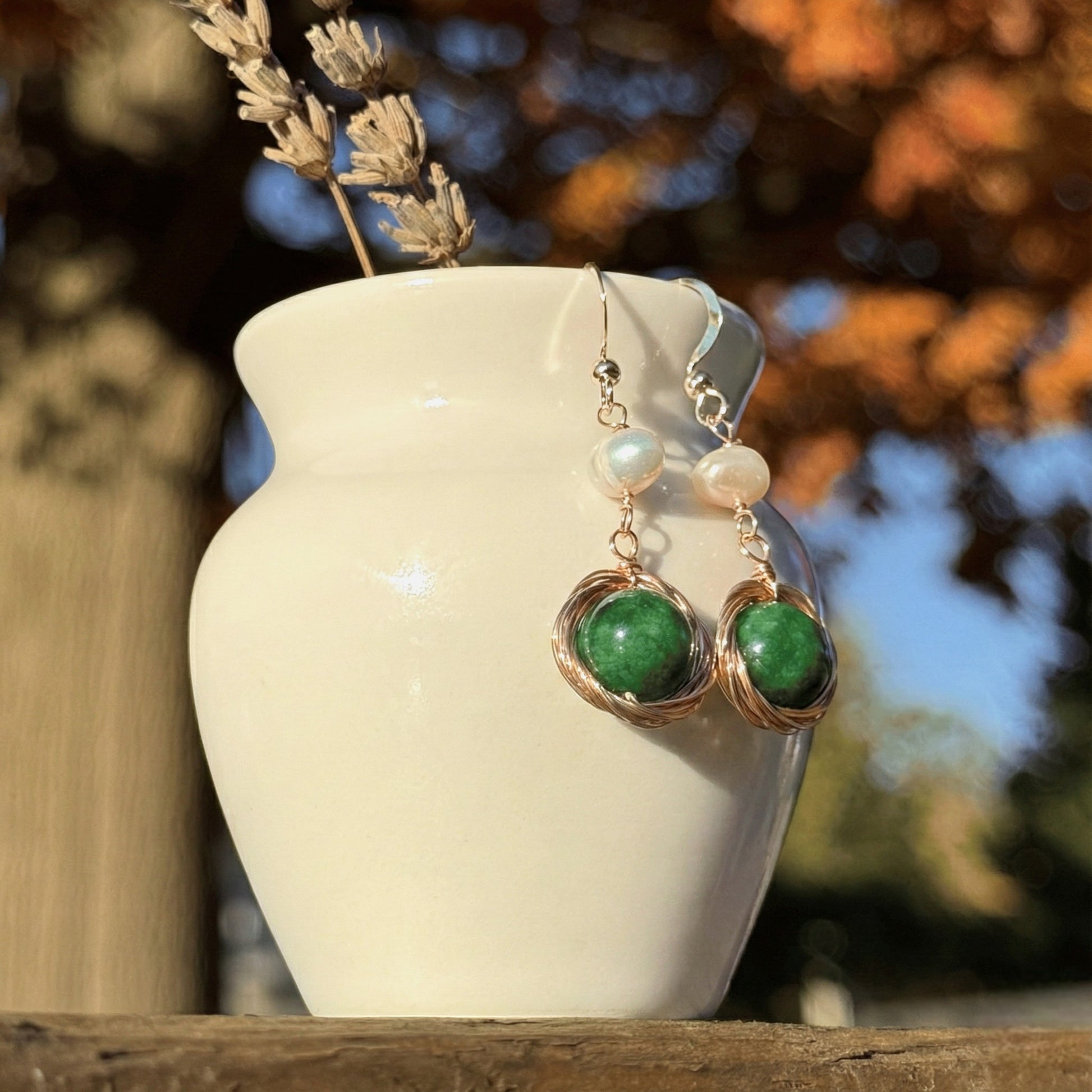 Gold-Wrapped Jade & Pearl Drop Earrings